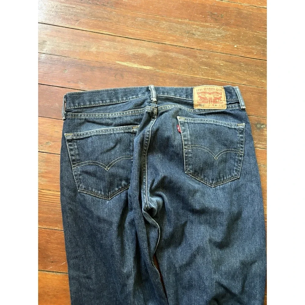 Levis 505 Regular Fit Jeans Mens 34x30 Dark Wash Blue Straight Leg Denim